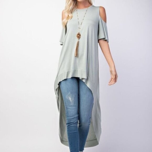 Rae Mode Hi Low Cold Shoulder Top Moss Green Viscose Modal Buttery Soft 3X Plus - Picture 2 of 14